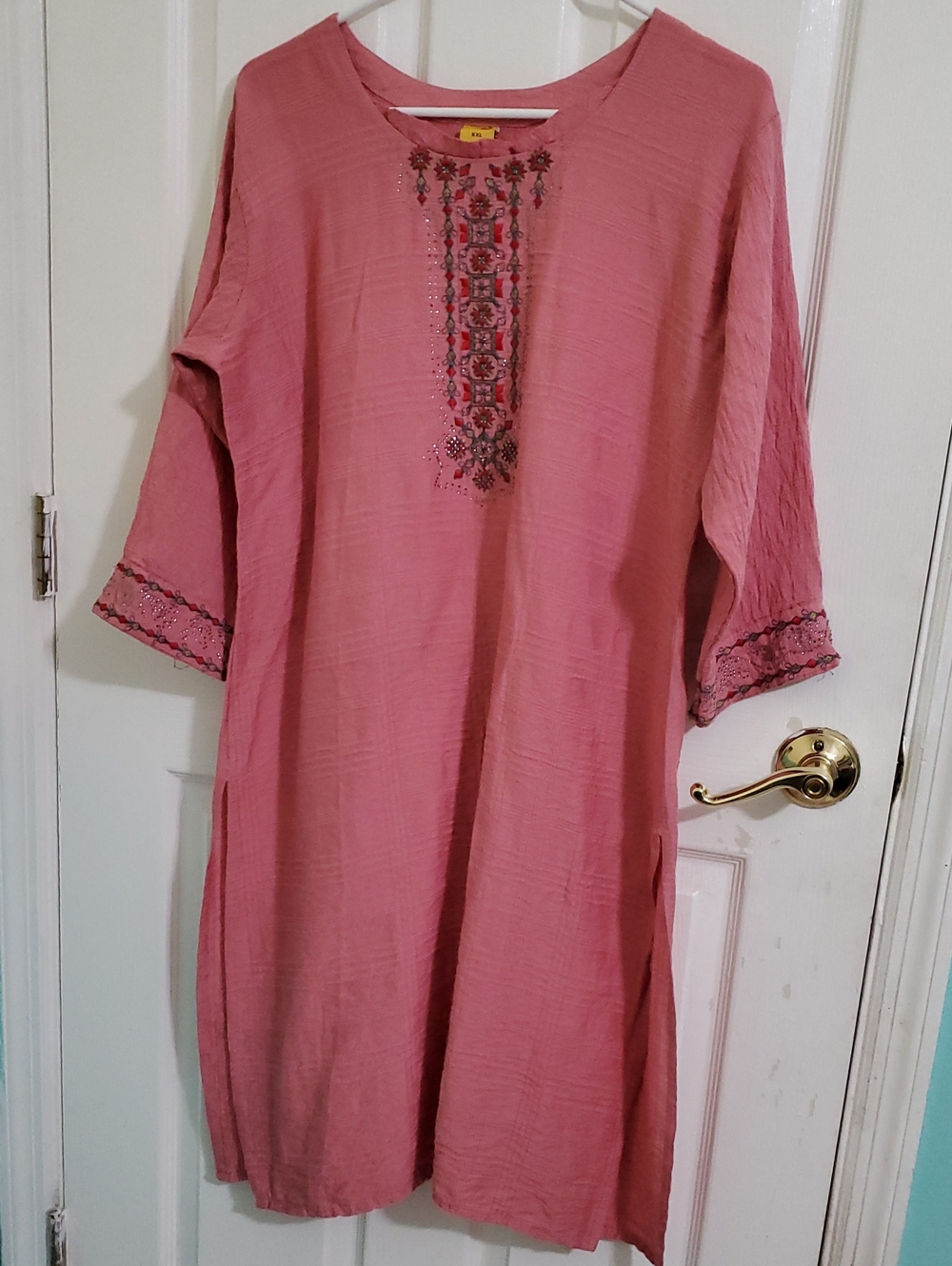 RS4U Boho Hippie Rose Pink Embroidered 3/4 Sleeves Gauzy Kurta Tunic Dress XXL